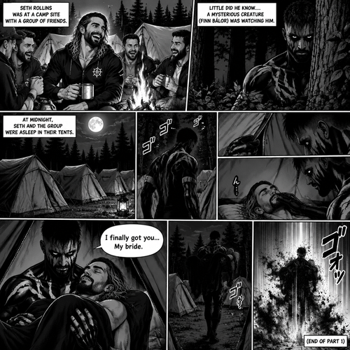 Seth Rollins was at a camp site with a group of friends,Little did he know….a mysterious creature (Finn Bálor) was watching him. At midnight,Seth and the group were asleep in their tents. The mysterious creature slowly walked towards Seth’s tent,He quietly unzipped the tent. He quietly entered the tent,Then he looked at Seth who’s still sleeping. He gently caressed Seth’s cheek. Seth hummed Softly in his sleep. The mysterious creature gently lifted the sleeping Seth in his arms. “I finally got you…My bride” The mysterious creature whispered. He quietly walked out of Seth’s tent while holding the sleeping Seth,then he teleported away. (End of part 1)