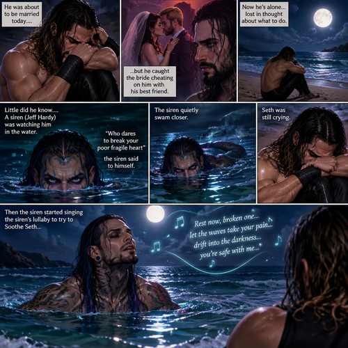 Seth Rollins was on a beach alone at night crying. He was about to be married today….but he caught the bride cheating on him with his best friend. He’s lost in thought about what to do,Little did he know…..A siren (Jeff Hardy) was watching him in the water. “Who dares to break your poor fragile heart” the siren said to himself. The siren quietly swam closer. Seth was still crying. Then the siren started singing the siren’s lullaby to try to Soothe Seth