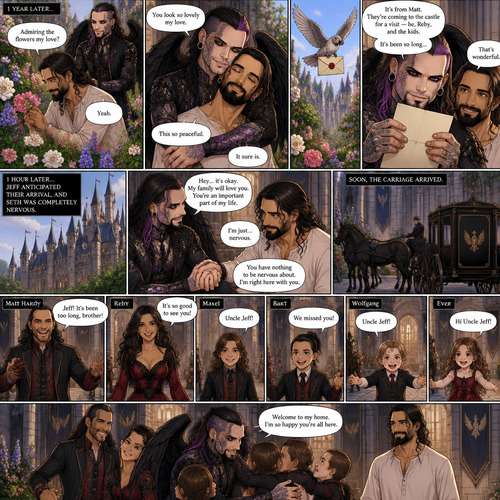 (Part 4 of the dark angel X human story). 1 year had passed,Jeff Hardy (The dark angel king) and Seth Rollins are more closer than ever. Seth had been living in the palace with Jeff. One day Seth was in the garden. Jeff walked behind him. “Admiring the flowers my love?” Jeff asked. Seth smiled softly. “Yeah” Seth said softly. Jeff gently pulled Seth in his embrace. “You look so lovely my love” Jeff said softly. Seth hummed softly. “This so peaceful” Seth said softly. “It sure is” Jeff said softly. Then a messenger bird flew in with a letter. Jeff gently picked up the letter and opened it,It was from his brother Matt saying that he and his wife and kids are coming to Jeff’s castle for a visit. Seth looked at the letter too. Jeff smiled,it had been so long since he’s seen his brother and his family. 1 hour later,Jeff was anticipating their arrival and Seth was completely nervous. Seeing that Seth was nervous Jeff gently held his hand and reassured him. Then the carriage arrived. Matt Hardy walked out of it,Then his wife Reby,Then their kids Maxel,Bart,Wolfgang and Ever. Jeff greeted them