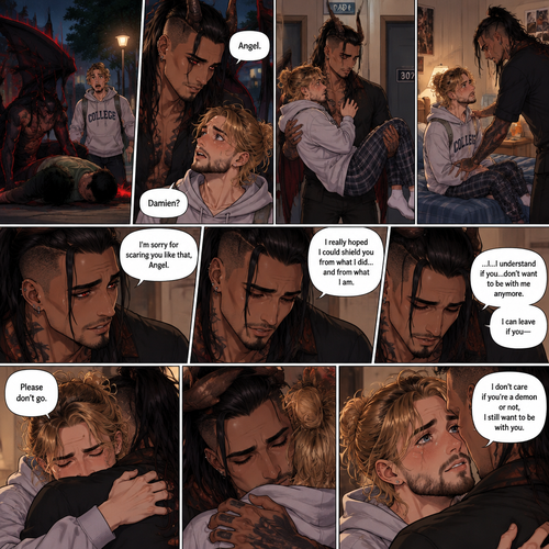 (Recap). Seth Rollins (College student) and Damien Priest (The bad boy) had been dating for 3 months now,Damien had been acting strangely possessive and protective of Seth,Anyone who ever picked on Seth had mysteriously disappeared,Nobody knew why,One night Seth just finished his homework assignment,He was about to get ready for bed,then he heard a scream,He ran outside to investigate,When he got to the source of the scream he saw A petty thief Getting attacked by some sort of demon,Seth got scared,The demon noticed Seth,Seth stumbled backward,The demon slowly walked towards Seth as if it didn’t want to scare him any further,Seth’s heart was pounding with fear,Then the demon spoke “Angel”,Seth’s eyes widened,There was only one person who calls him Angel,“Damien?” Seth asked,Damien Gently picked Seth up in his arms,He walked towards the dorm room with Seth In his arms. (And now Part 5). He arrived at the dorm room with Seth in his arms. He gently put Seth down on the bed. “I’m sorry for scaring you like that Angel” Damien said softly. “I really hoped I could shield you from what I did…and from what I am” Damien continued softly. Seth could tell that Damien was guilty. “..I…I understand if you…don’t want to be with me anymore” Damien said with a sad tone. “I can leave if you-“ Seth cuts Damien off with a hug. “Please don’t go” Seth said softly. Damien hugged him back. “I don’t care if you’re a demon or not,I still want to be with you” Seth said Softly