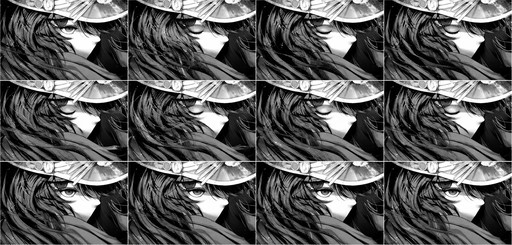 Black-and-white manga panels show a person with long hair and flowing fabric.
