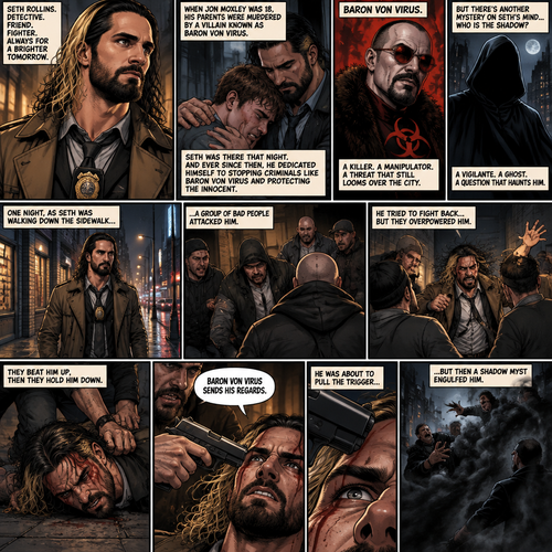 Seth Rollins is a detective. He and Jon Moxley had been friends for years. When Jon was 18 years old His parents were murdered by a villain known as Baron Von Virus. Seth comforted him that night. Ever since then Seth dedicated himself to stopping criminals like Baron Von virus and protecting the innocent. He was also trying to figure out the identity of a mysterious Vigilante known as the shadow. One night he walking down the sidewalk,Then a group of bad people attacked him. He tried to fight back but they overpowered him. They beat him up,Then they hold him down. One of them points a gun at his head and says “Baron von virus sends his regards”. He was about to pull the trigger…but then a shadow myst engulfed him
