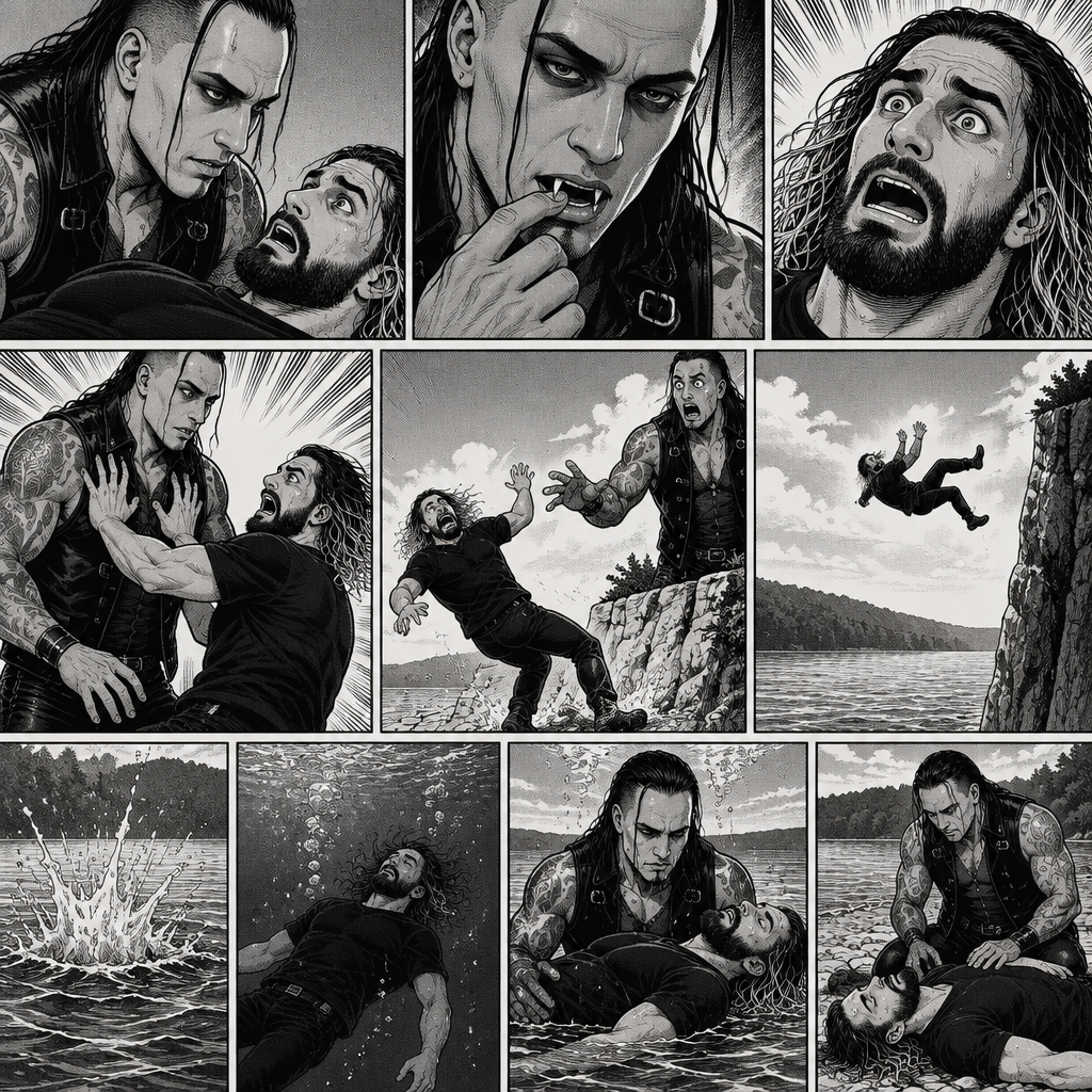 Part 6.Seth Rollins got scared after discovering that the mysterious man (WWE superstar Damien Priest) is a day walker vampire. Seth shoved the man off him…which caused Seth to Stumble and fall off the cliff backwards,Then he hit the water and lost consciousness after. The man was horrified and dived into the water to save Seth,He managed to reach him. He then swam up to the shore with Seth in his arms,He gently put Seth down on the shore