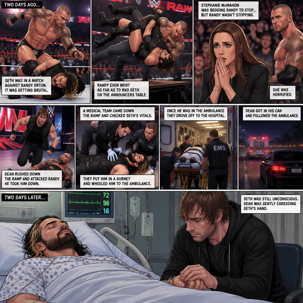 It’s the year 2015,We’re in a hospital. Seth Rollins was lying in a hospital bed unconscious. Dean Ambrose was sitting by his side and holding his hand. (What happened to Seth you ask? Well…let’s rewind to two days ago). Seth was in a match against Randy Orton. It was getting brutal. Randy was beating the heck out of Seth. Stephanie McMahon was begging Randy to stop…but Randy wasn’t stopping. He even went as far as to Rko Seth on the announcers table. Stephanie was horrified. Seth was out cold. Then Dean rushed down the ramp and attacked Randy. He took him down. A medical team came down the ramp and checked Seth’s vitals. They put him in a gurney and wheeled him to the ambulance. Once he was in the ambulance they drove off to the hospital. Dean got in his car and followed the ambulance. (Now back to two days later). Seth was still unconscious. Dean was gently caressing Seth’s hand