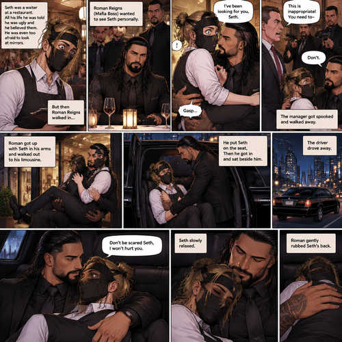 (Recap) Seth Rollins is a waiter at a restaurant,He’s wearing a mask that covers his face because all his life he was told he was ugly and he believed them,He’s also was even too afraid to look at mirrors,Then Roman Reigns (Mafia Boss) and his men walked in and sat down at a table,He wanted to see Seth personally,Seth was nervous but walked over here,Roman wrapped his arm around Seth’s waist and pulled him onto his lap,Seth gasped softly,Roman stated that he’s been Looking for Seth,Seth was confused,The manager walked over and was about to lecture Seth but Roman’s men pointed their weapons at him,Roman gave him a cold look and said “Don’t”,The manager got spooked and walked away,Roman looked back at Seth,Seth’s heart was racing. (And now part 3). Roman got up with Seth in his arms and walked out to his limousine. He put Seth on the seat,Then he got in and sat beside him. The driver drove away. Roman Wrapped his arm around Seth. “Don’t be scared Seth,I won’t hurt you” Roman Said softly. Seth slowly relaxed. Roman gently rubbed Seth’s back