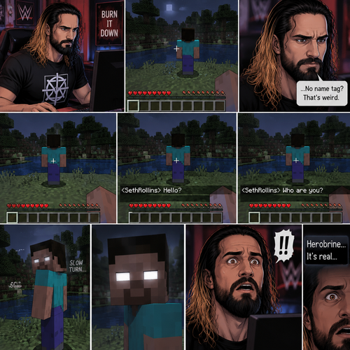 Seth Rollins was playing Minecraft alone on his computer,Then he noticed something. There was a player with a default skin,His back faced Seth. The strange part about it…was there was no name tag above the player. Seth was getting suspicious. He moved his character to the player,Then he typed in the chat bar “Hello?”. The player didn’t respond. Seth typed in the chat bar again “Who are you?”. The player slowly turned around….it wasn’t a player at all….It was Herobrine. Seth was spooked,He’s heard the legend of Herobrine before