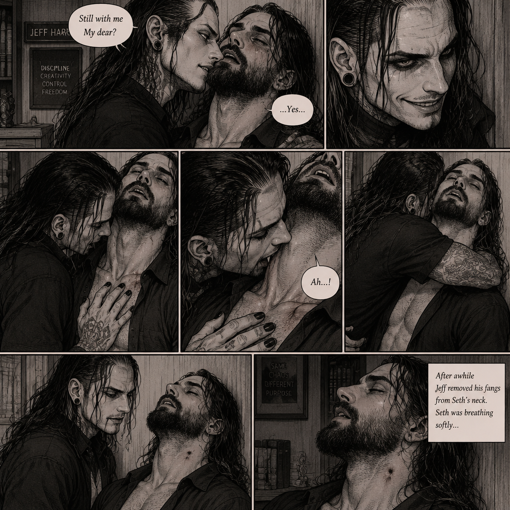 (Part 4 of the Vampire x human story). Still in Jeff Hardy’s office. Jeff was still Kissing Seth Rollins against the wall. After about a minute,Jeff pulled away. Jeff whispered in Seth’s ear “Still with me My dear?” Jeff asked softly. “…Yes…” Seth said softly. Jeff grinned. He leaned forward to Seth’s neck. Seth’s heart was racing. Jeff placed his hand on Seth’s chest to feel his heartbeat again. Seth gasped softly. Jeff gently pierced his fangs into Seth’s neck. Seth yelped softly. Jeff wrapped his arms around Seth. After awhile Jeff removed his fangs from Seth’s neck. Seth was breathing softly