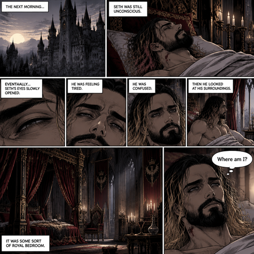(Recap) Seth Rollins (The vampire hunter) was lured into the ruins by a whisper,Then Jon Moxley (The vampire king) grabbed him from behind,He sniffed Seth’s neck and then pierced it with his fangs,After 4 minutes the fangs were out of Seth’s neck,Seth was weak,Then Jon lifted Seth in his arms and began walking. (And now part 2). The next morning,Seth was still unconscious. Eventually…Seth’s eyes slowly opened,He was feeling tired,He was confused,then he looked at his surroundings,it was some sort of royal bedroom. “Where am I?” Seth asked himself