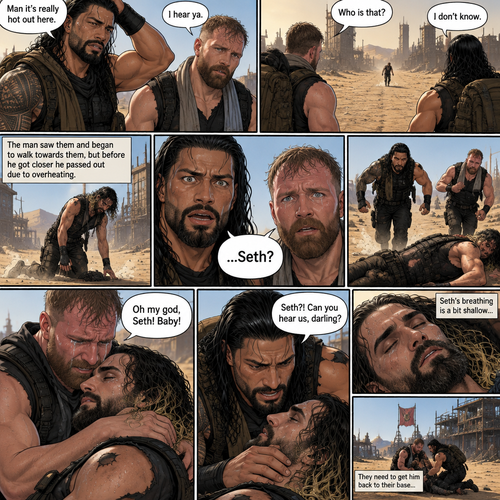 It’s a post apocalyptic world,Roman Reigns and Jon Moxley were side by side surviving the apocalypse together.They fought Bandits and raiders and scavenged for supplies.One day it was really hot outside. “Man it’s really hot out here” Said Roman. “I hear ya” Said Jon.They were about to head back to their base…then they see a person in the distance,He looked like he was overheating. “Who is that?” Asked Jon “I don’t know” said Roman.The person must’ve saw them because he began to walk towards them,but before he got closer to them he passed out due to overheating.Roman and Jon looked at each other,and then walked towards the unconscious man.when they got closer…they recognized him,They shocked…they ran towards him….It was Seth Rollins.Jon had tears in his eyes. “Oh my god,Seth! Baby!” Said Jon as he pulled Seth in his embrace. “Seth?! Can you hear us,darling?” Said Roman.Seth’s breathing was a bit shallow