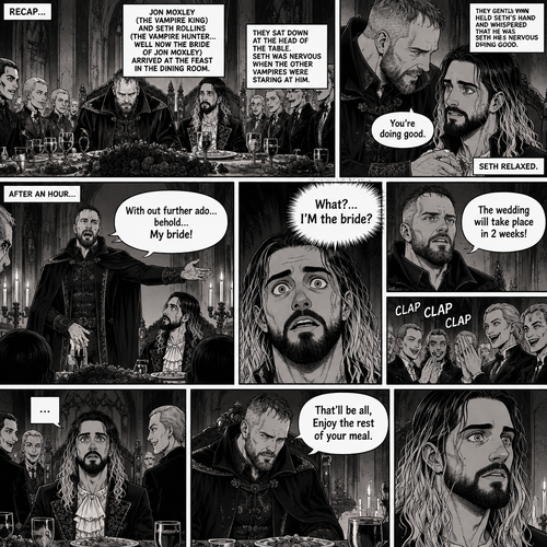 (Recap)Jon Moxley (The vampire king) and Seth Rollins (The vampire hunter…well now The bride Of Jon Moxley) arrived at the feast in the dining room,They sat down at the head of the table,Seth was nervous when the other vampires were staring at him,Jon gently held Seth’s hand and whispered that he was doing good,Seth relaxed,after an hour Jon stood up and dropped a bombshell,”With out further ado…behold…My bride!” Jon said while gesturing to Seth,Seth was shocked. (And now part 5). Seth couldn’t believe it. “What?…I’M the bride?” Seth said in his mind. “The wedding will take place in 2 weeks!” Jon announced. The vampires clapped. Seth just sat there stunned. “That’ll be all,Enjoy the rest of your meal” Jon said and then sat down