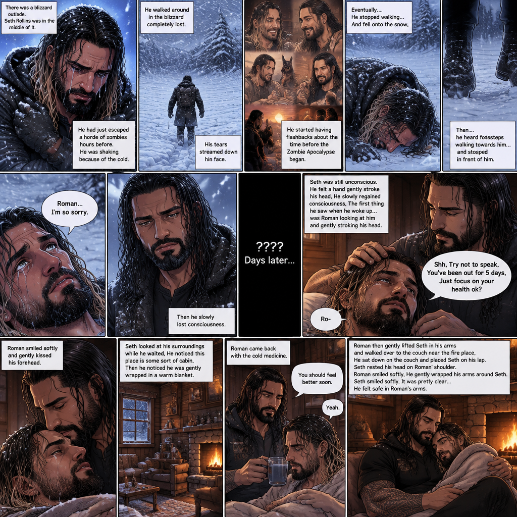 There was a blizzard outside,Seth Rollins was in the middle of it,He had just escaped a horde of zombies hours before.He was shaking because of the cold.He walked around in the blizzard completely lost.His tears streamed down his face.He started having flashbacks about the time before the Zombie Apocalypse began.Eventually….He stopped walking…And fell onto the snow,Then….he heard footsteps walking towards him…and stopped in front of him.He looked up…It was Roman Reigns.He thinks it’s a hallucination. “Roman…I’m so sorry” Seth said to the “Hallucination”,Then he slowly lost consciousness. ???? Days later,Seth was still unconscious,He felt a hand gently stroke his head,He slowly regained consciousness,The first thing he saw when he woke up…was Roman looking at him and Gently stroking his head.He tried to speak “Ro-“. “Shh,Try not to speak,You’ve been out for 5 days,Just focus on your health ok?” Roman said Softly.Seth gave a small nod.Roman smiled softly and gently kissed his forehead.Roman went to the bathroom to get Seth some cold medicine.Seth looked at his surroundings while he waited,He noticed this place is some sort of cabin,Then he noticed he was gently wrapped in a warm blanket.Roman came back with the cold medicine.Seth slowly sat up.Roman Gave Seth the medicine,He drank it.He finished it.“You should feel better soon” Roman said softly. Seth nodded in agreement.Roman then gently lifted Seth in his arms and walked over to the couch near the fire place,He sat down on the couch and Placed Seth on his lap.Seth rested his head on Roman’s shoulder.Roman smiled softly,He gently wrapped his arms around Seth.Seth smiled softly,It was pretty clear…He felt safe in Roman’s arms