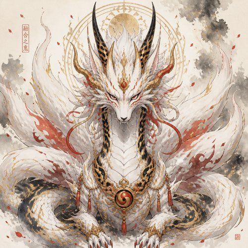 Fuse Oni, loung dragon, 9 tail fox into a oni style neck that has all the best appearance from Fuse Oni, loung dragon, 9 tail fox. Only show final product. Colors white,gold,red, black. Front view