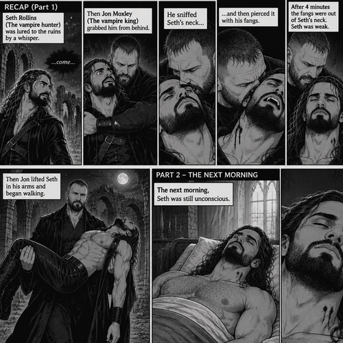 (Recap) Seth Rollins (The vampire hunter) was lured to the ruins by a whisper,Then Jon Moxley (The vampire king) grabbed him from behind,he sniffed Seth’s neck and then pierced it with his fangs,After 4 minutes the fangs were out of Seth’s neck,Seth was weak,Then Jon lifted Seth in his arms and began walking. (And now part 2). The next morning,Seth was still unconscious