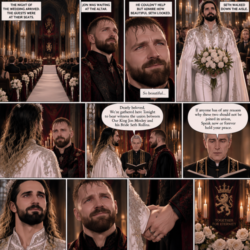 (Recap) Seth Rollins (The vampire hunter turned Bride of the Vampire king) Reunited with his long lost brother Aj Styles,Time skip to 3 days before the wedding,Seth and Jon Moxley (Vampire King) were still preparing,Aj helped out,The night before Aj had told Jon and Seth that he’s a werewolf,Seth and Jon were shocked but were happy that Aj was being honest with them,Seth was on the balcony Looking at the view and Looking nervous about the wedding,Jon appeared behind him checking in on him,“Can’t sleep?” Jon asked,“No” Said Seth,Jon wrapped his arms around him,“What’s on your mind?” Jon asked,”I’m just very nervous about our wedding,Don’t get me wrong I want to marry you…It’s just….what if I mess up? What if people don’t like me?…what if…..I’m not enough….for you?” Said Seth,”Look at me my love” Jon said softly,Seth looked up at him,”You’re not gonna mess up,I’ll be right with you,If people don’t like you they’ll have to deal with me,You ARE enough for me,You’re the only one I want,The ONLY one i love,You’re mine..and I’m yours,For eternity” Jon said softly,Seth’s heart fluttered,Jon kissed him softly,”I love you” Jon said Softly,”I love you too” Seth said softly,They kissed again. (And now part 9) The night of the wedding arrived,The guests were at their seats. Jon was waiting at the altar. The wedding music started playing. Seth walked down the aisle. Jon couldn’t help but admire how beautiful Seth looked. Seth got to the altar. “Dearly beloved,We’re gathered here Tonight to bear witness the union between Our King Jon Moxley and his Bride Seth Rollins” Said the officiant. “If anyone has of any reason why these two should not be joined in union,Speak now or forever hold your peace” The officiant continued