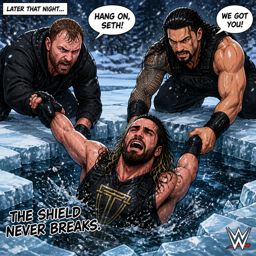 WWE superstar Seth Rollins Getting Rescued by Jon Moxley And Roman Reigns after falling through ice.They pull him out