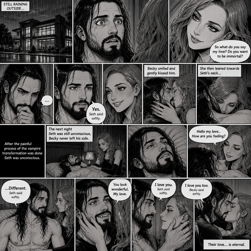 Part 4.Still in Seth Rollins’s house,Still raining outside.Seth Rollins and Becky lynch are in Seth’s room,Seth’s eyes were widened and his breath hitched a little after Becky offered him immortality. “So what do you say my love? Do you want to be immortal?” Asked Becky.Seth thought about for a bit…Then he made his decision. “Yes” Seth said softly.Becky smiled and gently kissed him.She then leaned towards Seth’s neck.After the painful process of the vampire transformation was done Seth was unconscious.The next night Seth was still unconscious,Becky never left his side.Then Seth’s eyes slowly opened,He looked at Becky as she was smiling down at him.She gently stroked his head. “Hello my love..How are you feeling?” Becky said softly. “…Different” Seth said softly.Seth slowly sat up,Becky stayed close by incase he fell over.He smiled at her,His fangs showing.She smiled and gently put her hand on his cheek. “You look wonderful,My love” Said Becky.Seth Gently placed his hand on Becky’s cheek.They leaned towards each other. “I love you” Seth said Softly “I love you too” Becky said softly.They kissed softly.Their love…is eternal