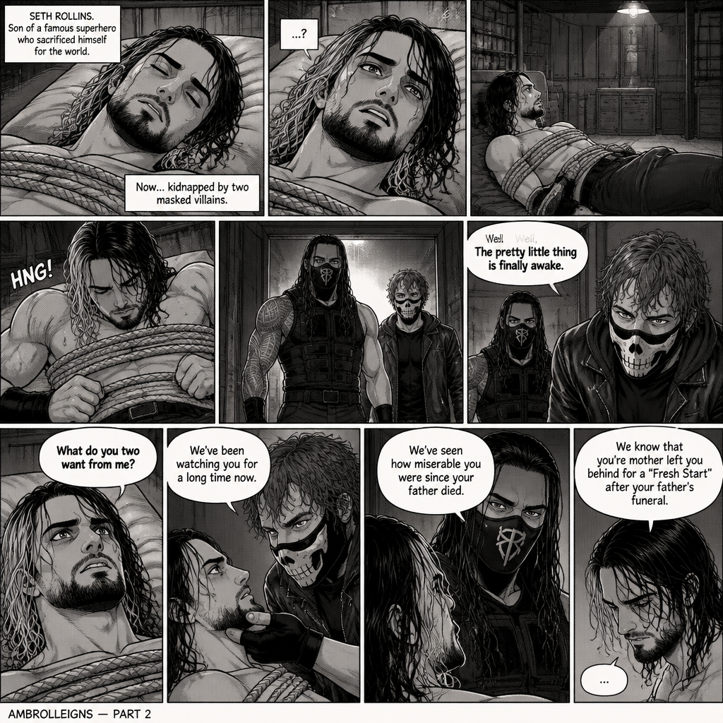 (Part 2 of an Ambrolleigns story) Seth Rollins was the son of a famous superhero who sacrificed himself for the world,He had just been kidnapped by two masked villains (Roman Reigns and Dean Ambrose). Seth was unconscious and tied up,Then he slowly woke up on some sort of bed. He looked at his surroundings,He was in some sort of room. He struggled against the ropes. Then Roman and Dean walked in. “Well,The pretty little thing is finally awake” Said Dean. Seth looked at them. “Welcome to our hideout darling” Said Roman. “What do you two want from me?” Seth asked. Dean lifted Seth’s chin. “We’ve been watching you for a long time now” Said Dean. “We’ve seen how miserable you were since your father died” said Roman. Seth stayed silent. “We know that you’re mother left you behind for a “Fresh Start” after your father’s funeral” said Roman