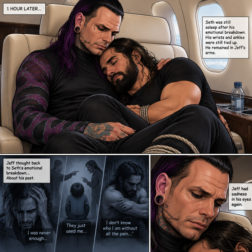 (Part 4). Still on the private plane. 1 hour had passed. The nefarious Jeff Hardy and Seth Rollins (A secret agent) were still asleep after Seth’s emotional breakdown. Seth’s wrists and ankles were still tied up and still in Jeff’s arms. Jeff woke up,He looked down at Seth who was still asleep. He thought back to Seth’s emotional breakdown About his past. Jeff had sadness in his eyes again