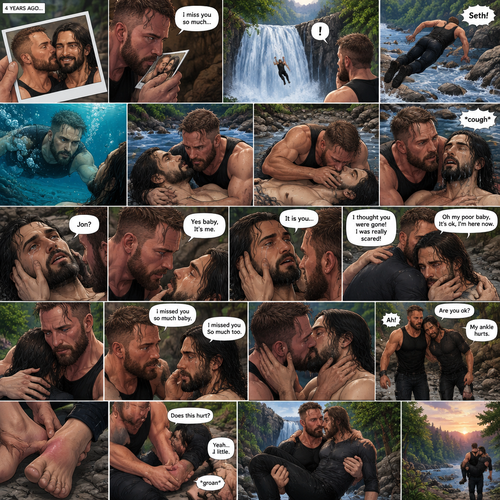 (Recap) Still in the zombie apocalypse. (This was Jon Moxley’s POV). Jon sat on a log near the river alone looking sad,He was looking at a romantic photo of him and Seth Rollins before the apocalypse began,He thought Seth died the day of the apocalypse started 4 years ago,He gently kissed the photo and said he misses Seth So much,He saw someone fall down the waterfall,he jumped in the water,As he swam he got a better look at the person,It turned out to be Seth,He swam faster and got him,He was to shore and Gently placed Seth’s down,He did CPR and mouth to mouth on Seth,When all hope seemed lost Seth coughed out water,Jon gently held Seth with tears of joy streaming down his face,Seth slowly opened his eyes,”Jon?” Seth asked weakly. (And now part 4). Jon gently placed his hand on Seth’s cheek. “Yes baby,It’s me” Jon said Softly. Seth gently placed his hand on Jon’s cheek to see if he’s real,Tears streamed down his face. “It is you” Seth said through his tears. Jon gently pulled Seth into a hug,Seth cried on Jon’s shoulder. Jon gently stroked the back of Seth’s head while Seth continued to cry on Jon’s shoulder. “I thought you were gone!,I was really scared!” Seth said through his tears. “Oh my poor baby,It’s ok,I’m here now” Jon said softly. Jon Gently rubbed Seth’s back to try to soothe him. After 2 minutes,Seth slowly stopped crying. They looked at each other,Jon gently wiped away the tears on Seth’s face,Then they kissed each other. “I missed you so much baby” Jon said softly. “I missed you So much too” Seth said softly. They stood up….then pain shut up Seth’s sprained ankle. “Are you ok?” Jon asked. “My ankle hurts” Said Seth. Jon looked at Seth’s sprained ankle,He gently squeezed it to see how painful it is,Seth groaned in pain a little. Jon gently picked Seth up In his arms