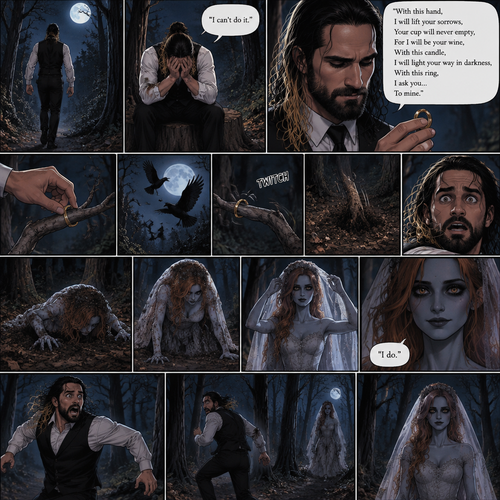 (Part 1 of the corpse bride,Seth x Becky style). Seth Rollins was walking in the woods alone at night after running away from a wedding rehearsal. After a while He sat at a tree stump,he puts his head in his hands. “I can’t do it” Seth said to himself. He took a deep breath. He began practicing his vows,”With this hand,I will lift your sorrows,Your cup will never empty,For I will be your wine,With this candle,I will light your way in darkness,With this ring,I ask you…To mine”. He puts the wedding ring on a tree branch that suspiciously looks like a ring finger. Then the crows flew by,Then….The branch the suspiciously looked like a hand…twitched. Then….The branch that suspiciously looks like a hand pulled itself underground. Seth got spoked when he saw that. Then…an undead woman in a wedding dress (Becky Lynch) crawled out from the ground. She stood up,Lifted her vail,Looked at Seth and said in a quiet voice “I do”. Seth got scared and ran further into the woods. The woman just slowly and calmly walked after him