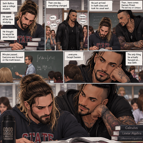 Seth Rollins was a college student,He spent all his time studying. He thought he would be alone forever,Then one day….everything changed. He just arrived in math class and took his usual seat…Then…here comes Damien Priest,The bad boy on campus. All the girls were gushing and giggling over him. Seth was just trying to study and trying to not get distracted. Damien sat on the desk next to Seth. Minutes passed,Everyone was focused on the math lesson….everyone..Except Damien,The only thing he actually focused on..was Seth