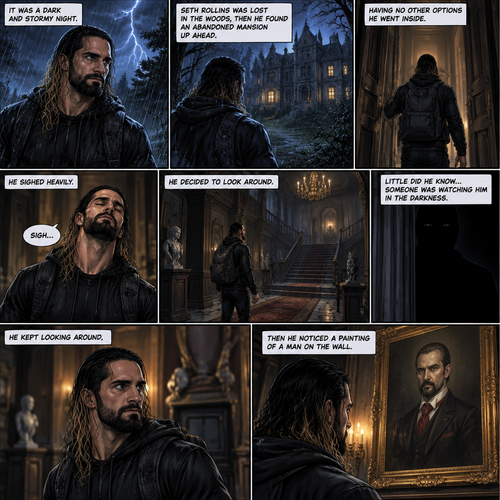 It was a dark and stormy night.Seth Rollins was lost in the woods,Then he found an abandoned mansion up ahead.Having no other options he went inside.He sighed heavily.He decided to look around,Little did he know…Someone was watching him in the darkness.He kept looking around,Then he noticed a painting of a man on the wall
