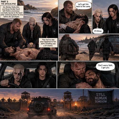Part 3 of the apocalypse story.Jon Moxley,Darby Allin and Steven Borden (Sting’s son) Found Seth Rollins unconscious and badly injured on the beach while reminiscing about the time before the apocalypse.They had no idea what happened to him.Seth’s breathing was a bit shallow. “Let’s get him back to the camp” Said Jon. “I’ll Drive” Said Darby. Darby and Steven ran to the car,Jon lifted Seth in his arms and followed behind.Darby got in the driver’s seat,Steven got in the passenger seat and Jon got in the back while holding Seth.They drove to the camp,Jon held Seth tightly. “Don’t worry Seth,I got you” Jon whispered