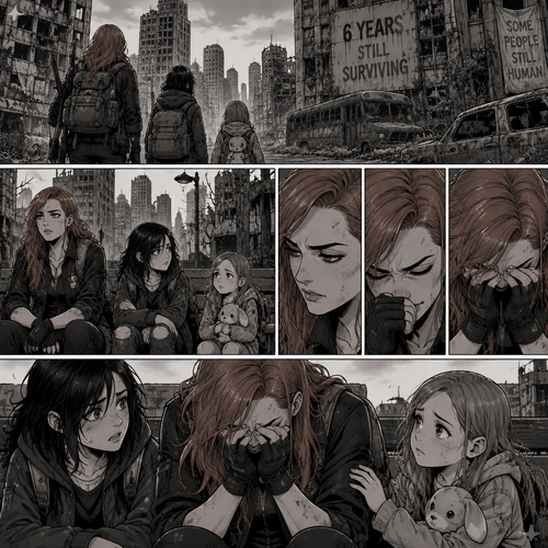 It’s a zombie apocalypse,It’s been that way for 6 years,Becky lynch is surviving with two people,A teenager named Raven and a little girl named Sophie. They used to be part of a group…but they got wiped out by Bandits and Zombies,Becky,Raven and Sophie were the only ones that managed to escape. They’re currently walking in the city. They sat down on a bench to take a break. They were silent for a while. Then…Becky started to cry. Raven and Sophie were concerned