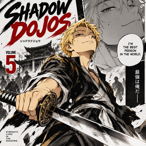 A boy with blonde hair, holding a katana and and thinks he’s the best person in the world and for a cover volume 5 of shadow dojos 