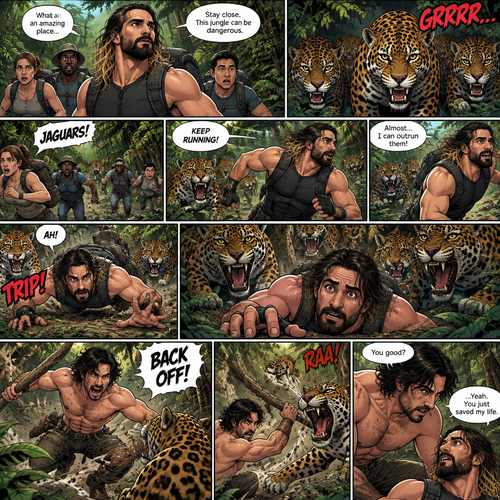 Seth Rollins was exploring the jungle with a group,Then suddenly….a group of jaguars appeared. Everyone scattered. Some of the jaguars went after Seth,He kept running. It seemed like he was going to outrun the jaguars….but then he tripped and fell. The jaguars were about to pounce on him….then suddenly…a wild man (Markiplier) jumped in