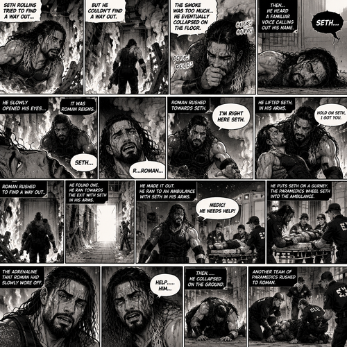 Seth Rollins is in a burning building,He tries to find a way out,he couldn’t find a way out. He was coughing because of the smoke,He eventually collapsed on the floor. Then…he heard a familiar voice calling out his name,he slowly opened his eyes…it was Roman Reigns. He weakly called out Roman’s name. Roman rushed towards Seth. “I’m right here Seth” Said Roman. He lifted Seth in his arms. “Hold on Seth,I got you” Roman said to Seth. He rushed to find a way out,he found one. He ran towards the exit with Seth in his arms,He made it out. He runs to an ambulance with Seth in his arms. “Medic! He needs help!” Roman yelled. He puts Seth on a gurney. The paramedics wheel Seth into the ambulance. The adrenaline that Roman had Slowly wore off. “Help…..Him…” said Roman. Then…..He collapsed on the ground. Another team of paramedics rushed to Roman. (End of part 1)