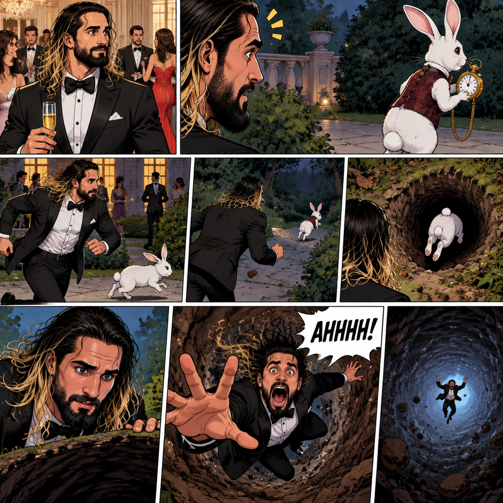 Seth Rollins was at a fancy party,Then he sees a white rabbit outside.It’s wearing a fancy vest and holding a pocket watch and it’s looking at him.Then it starts hopping away and Seth followed it.The rabbit kept hopping and Seth kept following,Until the rabbit jumped down the rabbit hole.Seth looked in the hole…Then he leaned in to far and started falling down the hole. “AHHHH!” Seth Yelled