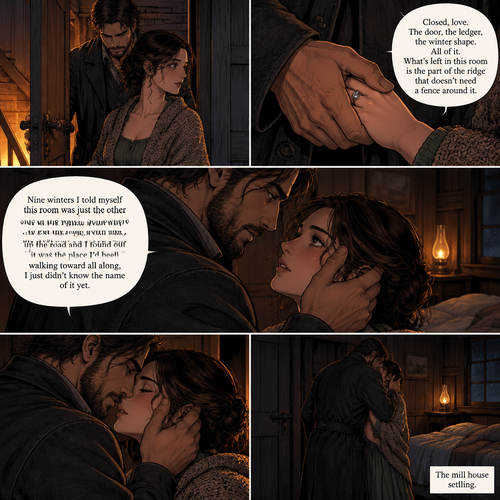 Cormac steps in behind her and pulls the door shut with one hand, the latch settling soft. The fire below throws its last gold up the stairwell, and the room holds the dark the way the mill house has always held it, except warmer now. He finds her hand in the low light, his thumb pressing once over the ring before he draws her in.
Closed, love. The door, the ledger, the winter shape. All of it. What's left in this room is the part of the ridge that doesn't need a fence around it.
His hand comes up to the side of her face, thumb resting at her temple, and he holds there a long beat, the way he checks a staple before he drives it home. When he leans in, his voice drops to the low, unhurried register that has never been for any other ear in this house.
Nine winters I told myself this room was just the other side of the watch. Somewhere to put the lamp down and the frost out. Then you came up the road and I found out it was the place I'd been walking toward all along, I just didn't know the name of it yet.
He draws her fully into the dark of the room, the latch holding behind them, the mill house settling