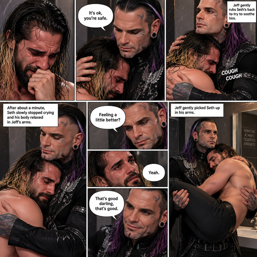 (Recap) Seth Rollins was crying in the men’s bathroom of a fancy restaurant because his girlfriend of 5 years cheated on him,then Dark angel royal guards burst in the restaurant lead by Jeff Hardy (The dark angel king),Seth locked himself in the bathroom,one of the guards banged on the door,Seth had flashbacks of his childhood and his abusive father,Seth had a panic attack,Jeff stopped the guard and told him to leave,He convinced Seth to let him in,He slowly approached him,Seth’s body tenses like he expected to get hit,Jeff gently put his hand on Seth’s cheek. (And now part 2). Seth was still crying. “It’s ok,you’re safe” Jeff said softly. He gently pulled Seth into his embrace. Seth coughed while he cried. Jeff gently rubbed Seth’s back to try to soothe him. After about a minute,Seth slowly stopped crying and his body relaxed in Jeff’s arms. “Feeling a little better?” Jeff asked softly. Seth nodded once. Jeff was relieved. “That’s good darling,that’s good” Jeff said softly. He gently picked Seth up in his arms. Seth rested his head on Jeff’s shoulder