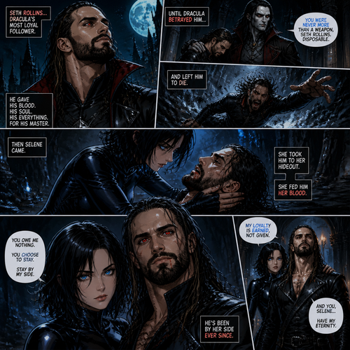 WWE superstar Seth Rollins as a vampire in underworld (Movie).He was Dracula’s loyal follower…Until Dracula betrayed him and left him to die…Then Selene came.She took him to her hideout.She fed him her blood.He’s been by her side ever since
