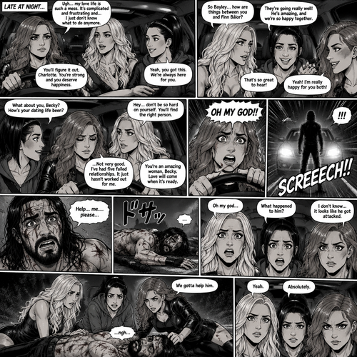 It was late at night,Becky Lynch Was in a car with Charlotte Flair and Bayley. They were driving to Becky’s house. Charlotte was talking about her complicated love life. Becky and Bayley were giving her words of comfort and support. Charlotte then asked Bayley how things were between her and Finn Bálor (They’re dating in this story). Bayley said things were going very well between the two of them. Becky and Charlotte were both happy to hear that. Bayley then looked at Becky and asked How HER dating life had been. Becky got a sad look on her face as she admitted that her dating life wasn’t doing very good,She had Five failed relationships. Charlotte and Bayley gave Becky words of comfort. Becky felt a little better. Then Becky looked at the road and suddenly yelled “OH MY GOD!!” And slammed on the breaks. There was a man (Seth Rollins) standing in front of the car,He was covered in bad scratches. He had a frightened expression on his face,He looked like he got attacked by a wild animal. Becky,Charlotte and Bayley were horrified. Then…the man spoke “Help…me….please”, then he collapsed on the road and passed out. The girls got out of the car and rushed over to the man. “Oh my god” Said charlotte. “What happened to him?” Bayley asked. “I don’t know…it looks like he got attacked” Said Becky. The man groaned in pain subconsciously. “We gotta help him” Said Becky. Bayley and Charlotte nodded in agreement