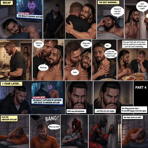 (Recap). Seth Rollins was asleep in his bed after finding out Jon Moxley A.K.A the joker had escaped the asylum on a news report,Then he heard a noise downstairs,Someone broke into his house,It turned out to be Jon,They had an emotional reunion,The next morning,Seth slowly woke up on his bed,He looked at his surroundings,Jon wasn’t there,He believed it was a dream,He sighed,then he smelled something,He got up and followed the smell to the kitchen,Then he sees Jon making breakfast while humming a tune,Seth smiled,It wasn’t a dream after all,Jon eventually noticed Seth,He smiled softly,“Morning baby” Said Jon,”Morning” Said Seth,Jon motioned for Seth to come closer,Seth came closer to Jon.Jon wrapped his arm around Seth’s waist,then he kissed Seth’s forehead,Seth hummed softly,”Sleep well baby?” Jon asked softly,”Yeah” Seth said softly,Jon kissed Seth’s neck,Seth’s heart fluttered,Jon gently placed his hand on Seth’s chest to feel his heartbeat,Seth blushed,Jon chuckled softly,Jon looked at the food,”Looks like breakfast is just about ready” Said Jon,Seth sat at the table and Jon put the breakfast on the table,They ate the food,Jon stared lovingly at Seth while he ate,He loves Seth with all his heart,He’ll do anything to protect him….and I do mean…everything. (And now part 4). 1 year later,Seth was waiting for Jon at home. Then a news report came on saying that Jon was captured by Batman and was sent back to the asylum. Seth was devastated…and then he was angry. One thing became clear…He was NOT going to lose him again. 9:40 pm,Jon was asleep in his padded room in the asylum…then he heard a loud Bang. He jolted awake. “What was that?” Jon asked himself,Then he saw one of the guards get taken out. There was a man in a red and black Harlequin costume,He was wearing a mask. Jon was confused. The Harlequin man put a bomb on the cell door,then activated it and took cover. Jon took cover as well