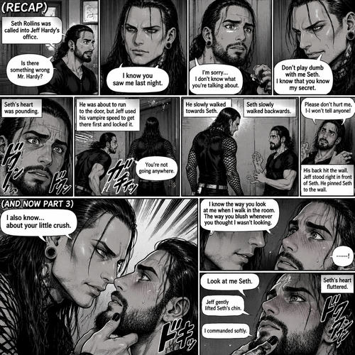 (Recap). Seth Rollins was called into Jeff Hardy’s office,“Is there something wrong Mr.Hardy?” Seth asked nervously,Jeff looked at Seth with a serious expression,“I know you saw me last night” said Jeff,Seth had a fearful expression on his face but tried to keep it cool,“I’m sorry…I don’t know what you’re talking about” said Seth,“Don’t play dumb with me Seth,I know that you know my secret” said Jeff,Seth’s heart was pounding. He was about to run to the door,but Jeff used his vampire speed to get there first and locked it,“You’re not going anywhere” Said Jeff. He slowly walked towards Seth,Seth slowly walked backwards,“Please don’t hurt me,I-I won’t tell anyone” Seth said,His back hit the wall,Jeff stood right in front of Seth,He pinned Seth to the wall. (And now part 3). Jeff looked into Seth’s eyes. “I also know….about your little crush” Said Jeff. Seth got nervous. “I know the way you look at me when I walk in the room,The way you blush whenever you thought I wasn’t looking” Jeff said softly. Jeff gently lifted Seth’s chin. “Look at me Seth” Jeff commanded softly. Seth’s heart fluttered