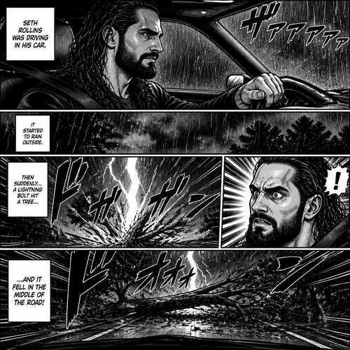 Seth Rollins was driving in his car,It started to rain outside.Then suddenly a lightning bolt hit a tree and it fell in the middle of the road