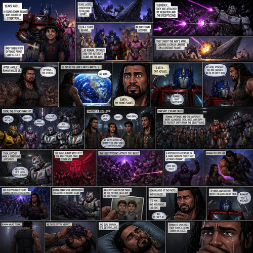 WWE Superstar Roman Reigns ends up on Cybertron as a child and ended up adopted by Optimus Prime and Elita-1.Years later Cybertron is falling apart,Elita-One stays behind while Roman,Optimus Prime and the other Autobots leave on the ark after an emotional goodbye.Then suddenly they get attacked by Megatron and the Decepticons.Then The Deceptions shoot the ark’s wing and Roman and Optimus and the other Autobots crash land on another planet.After A while Roman wake up and looks around and sees Optimus and the Autobots unconscious.Roman opens the Arks hatch and sees…That he’s on the one planet that he thought he would never return to…His home planet..Earth.Then Optimus wakes up.Roman explains to him that they’re on earth,Then bumblebee,Ratchet,Arcee,Jazz,Ironhide and wheel jack wakes up.Timeskip to 3 days later.They meet Three humans,Thier names are Jack,Miko and Raph.Timeskip to 2 years later.Roman and Optimus and the Autobots have been working along side Jack,Miko and Raph to protect earth from the Decepticons.Then Ratchet made a terrifying discovery…Megatron is using Dark energon.Then the base alarm went off.The Decepticons have found the Autobot base and were attacking them.Then a mysterious creature in a dark energon cyber suit attacks Roman.Roman manages to defeat him.The Decepticons realize they’re overwhelmed by the Autobots they retreat leaving the mysterious creature behind.Roman Carries the unconscious creature to Ratchet’s lab.As he puts him on the table an old picture falls out of his pocket.While ratchet Straps the unconscious mysterious creature to the table Roman looks at the photo.There’s two young boy on it,As Roman looked closely at the photo….He realizes that it’s him with a friend of his as kids, “No….It can’t be” said Roman. Optimus and Ratchet Noticed the look on his face, “Roman? What’s Wrong?” Asked Optimus. But Roman didn’t answer.He walked to the unconscious man,He takes off the Helmet…and sure enough…It was Seth Rollins (Roman and Seth are childhood friends in this story).Roman was shocked,Then tears stream down his face
