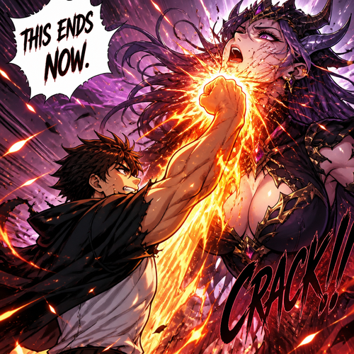 Then he lands a flaming uppercut to the demon queen’s  face 