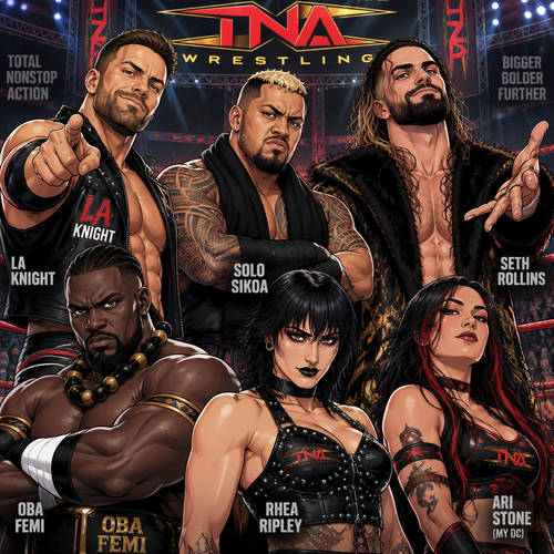 LA Knight,Solo Sikoa,Seth Rollins,Oba Femi,Rhea Ripley and Ari Stone (My wrestler oc) in TNA 