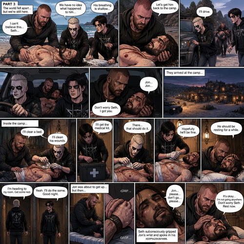 Part 3 of the apocalypse story.Jon Moxley,Darby Allin and Steven Borden (Sting’s son) Found Seth Rollins unconscious and badly injured on the beach while reminiscing about the time before the apocalypse.They had no idea what happened to him.Seth’s breathing was a bit shallow. “Let’s get him back to the camp” Said Jon. “I’ll Drive” Said Darby. Darby and Steven ran to the car,Jon lifted Seth in his arms and followed behind.Darby got in the driver’s seat,Steven got in the passenger seat and Jon got in the back while holding Seth,They drove to the camp,Then….Seth started saying Jon’s name in his unconsciousness,”Jon…Jon”,Jon held Seth tightly. “Don’t worry Seth,I got you” Jon whispered.They arrived at the camp,They got out and ran inside.Darby cleared a bed,Jon gently put Seth on it.Steven gets the medical kit while Darby Cleans Seth’s wounds,After Darby was done Steven bandaged Seth’s wounds. “There,that should do it” Said Steven. “Hopefully he’ll be fine” Said Darby. Jon gently stroked Seth’s head. “He should be resting for a while” said Steven. Steven and Darby went to their rooms to sleep.Jon was as about to get up…but then he felt a hand gripping his wrist…Seth subconsciously gripped Jon’s wrist and spoke in his subconscious “Jon…please…don’t go….please”. He sounded vulnerable,Jon sat down by Seth’s side and gently stroked his head In a soothing manner.