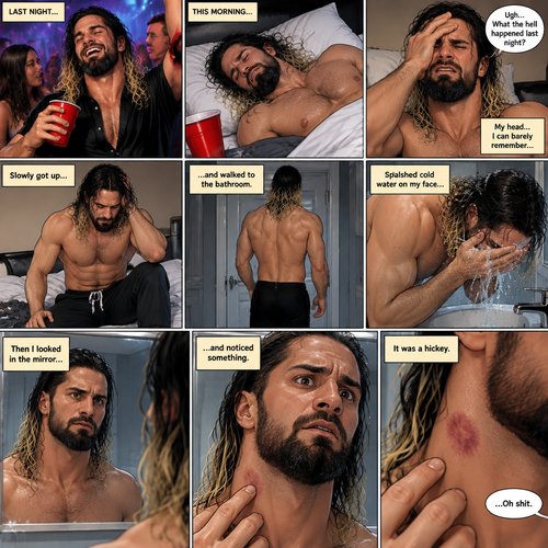 Seth Rollins was asleep after a party last night. Seth slowly woke up hungover,He can barely remember what happened at the party. He slowly got up,then he slowly walked to the bathroom. He splashed cold water in his face,Then he looked in the mirror…then…he noticed something on his neck,It was a hickey