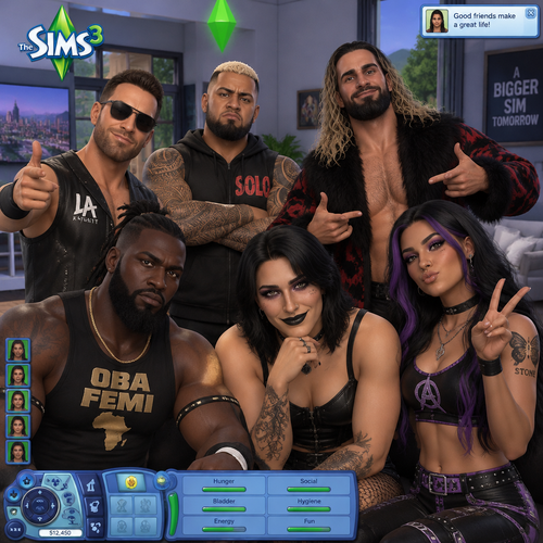 LA Knight,Solo Sikoa,Seth Rollins,Oba Femi,Rhea Ripley and Ari Stone (My wrestler oc) in The sims 3