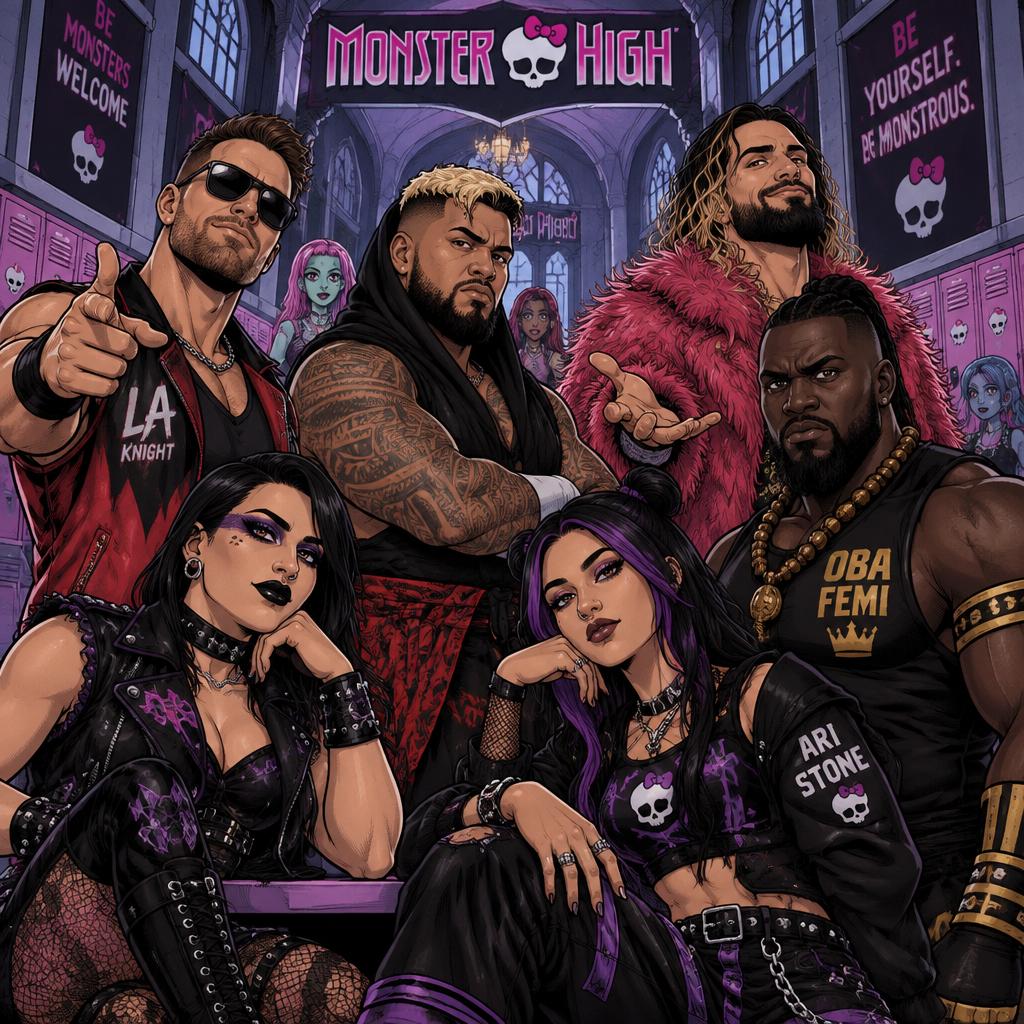 LA Knight,Solo Sikoa,Seth Rollins,Oba Femi,Rhea Ripley and Ari Stone (My wrestler oc) in Monster High