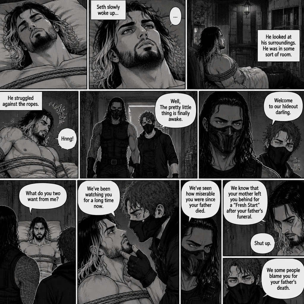 (Part 2 of an Ambrolleigns story) Seth Rollins was the son of a famous superhero who sacrificed himself for the world,He had just been kidnapped by two masked villains (Roman Reigns and Dean Ambrose). Seth was unconscious and tied up,Then he slowly woke up on some sort of bed. He looked at his surroundings,He was in some sort of room. He struggled against the ropes. Then Roman and Dean walked in. “Well,The pretty little thing is finally awake” Said Dean. Seth looked at them. “Welcome to our hideout darling” Said Roman. “What do you two want from me?” Seth asked. Dean lifted Seth’s chin. “We’ve been watching you for a long time now” Said Dean. “We’ve seen how miserable you were since your father died” said Roman. Seth stayed silent. “We know that your mother left you behind for a “Fresh Start” after your father’s funeral” said Roman. “Shut up” Seth said quietly. “We some people blame you for your father’s death” Said Dean
