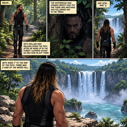 (Recap).Seth Rollins was walking down the path after he woke up In the forest clearing having no idea how he got there.The mysterious man (Damien Priest) who put him there was watching and following him in the trees.(And now part 3). Seth made it to the end of the path,there was a view of the a water fall