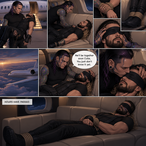 (Previously) The nefarious Jeff Hardy carried the unconscious Seth Rollins (A secret agent) to a private plane after arriving at the airstrip,He put him down on the sofa in the plane,He tied Seth’s wrists and Ankles with rope and then blindfolded him,The plane took off,Jeff gently stroked Seth’s head and whispered “We’ll be together soon Cutie,You just don’t know it yet”,He then gently kissed Seth’s forehead. (And now part 3). Hours have passed. Seth was still unconscious