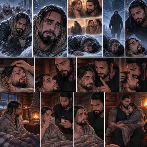 There was a blizzard outside,Seth Rollins was in the middle of it,He had just escaped a horde of zombies hours before.He was shaking because of the cold.He walked around in the blizzard completely lost.His tears streamed down his face.He started having flashbacks about the time before the Zombie Apocalypse began.Eventually….He stopped walking…And fell onto the snow,Then….he heard footsteps walking towards him…and stopped in front of him.He looked up…It was Roman Reigns.He thinks it’s a hallucination. “Roman…I’m so sorry” Seth said to the “Hallucination”,Then he slowly lost consciousness. ???? Days later,Seth was still unconscious,He felt a hand gently stroke his head,He slowly regained consciousness,The first thing he saw when he woke up…was Roman looking at him and Gently stroking his head.He tried to speak “Ro-“. “Shh,Try not to speak,You’ve been out for 5 days,Just focus on your health ok?” Roman said Softly.Seth gave a small nod.Roman smiled softly and gently kissed his forehead.Roman went to the bathroom to get Seth some cold medicine.Seth looked at his surroundings while he waited,He noticed this place is some sort of cabin,Then he noticed he was gently wrapped in a warm blanket.Roman came back with the cold medicine.Seth slowly sat up.Roman Gave Seth the medicine,He drank it.He finished it.“You should feel better soon” Roman said softly. Seth nodded in agreement.Roman then gently lifted Seth in his arms and walked over to the couch near the fire place,He sat down on the couch and Placed Seth on his lap